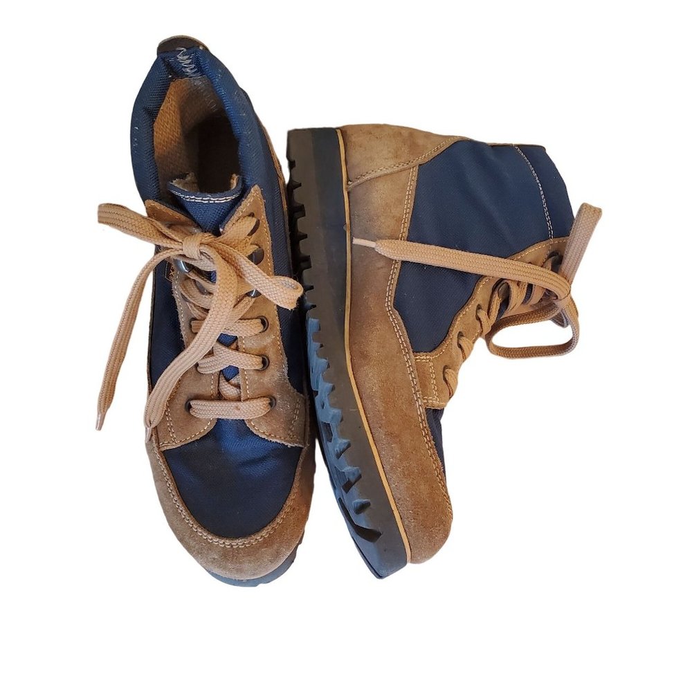 Vibram 8 Made in Italy Blue Canvas Brown Cowhide‎ 2 Tone Chunky Platform Lace Up